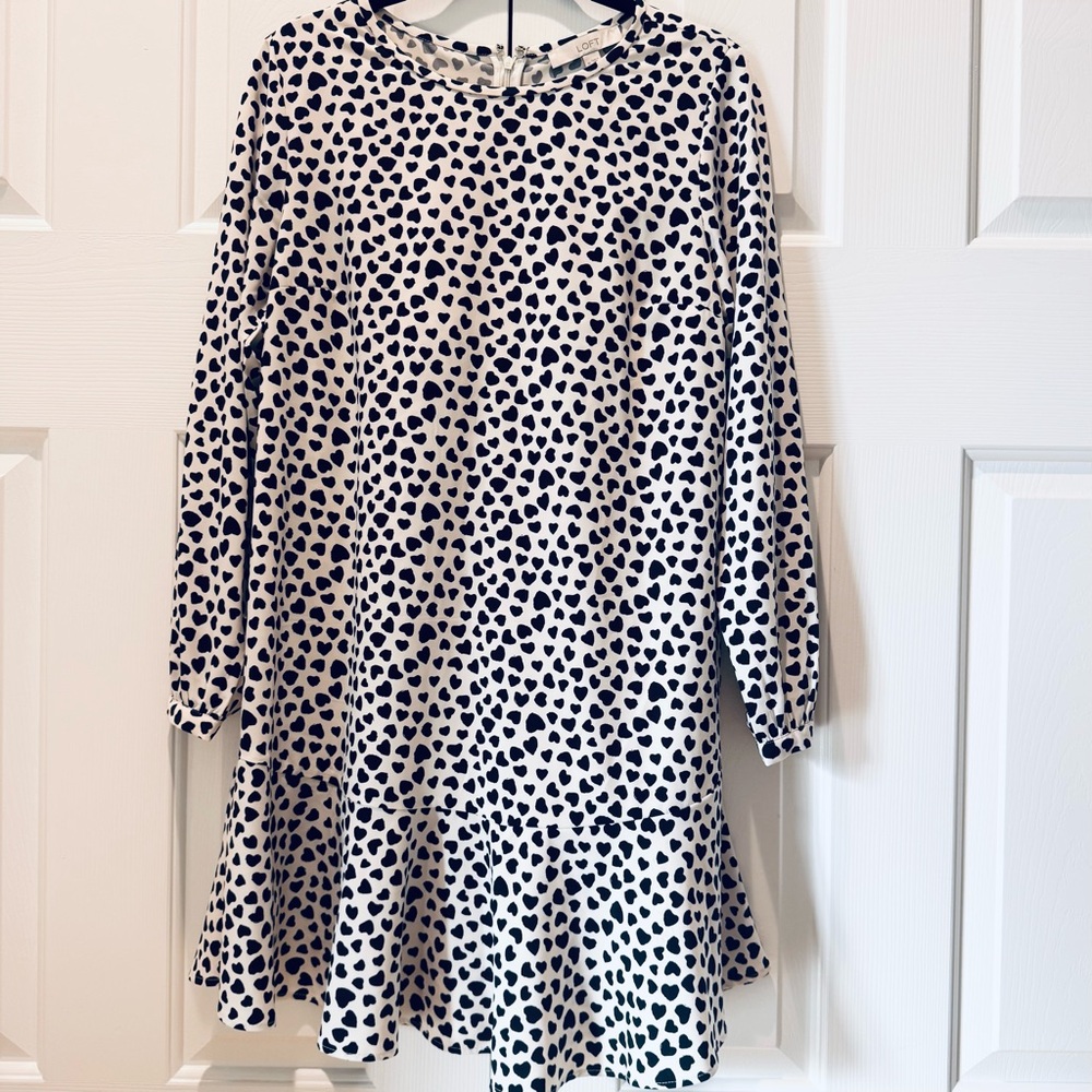 LOFT Black and White Heart Polka Dot Swing Dress